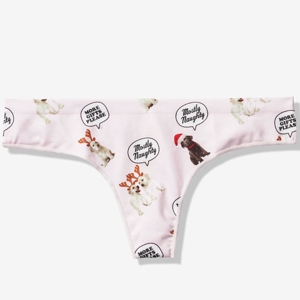 NEW! VS PINK Seamless Thong PINK Holiday Puppies